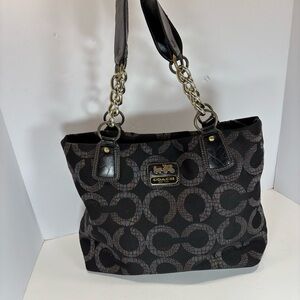 Coach Madison Signature Sateen Tote Bag OP Art All Over Black Gray - Read